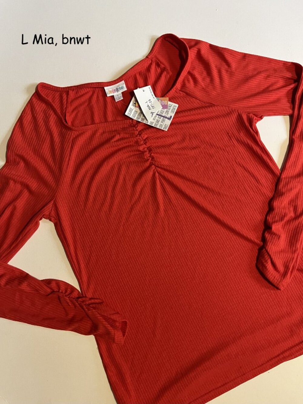 Large Lularoe Mia sweetheart long-sleeve top, bright red, ribbed